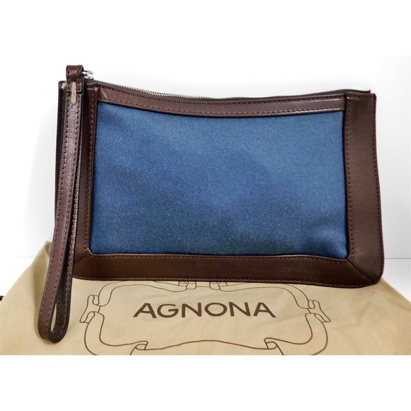 New Agnona Italy‎ Blue Felt Brown Leather Clutch Bag